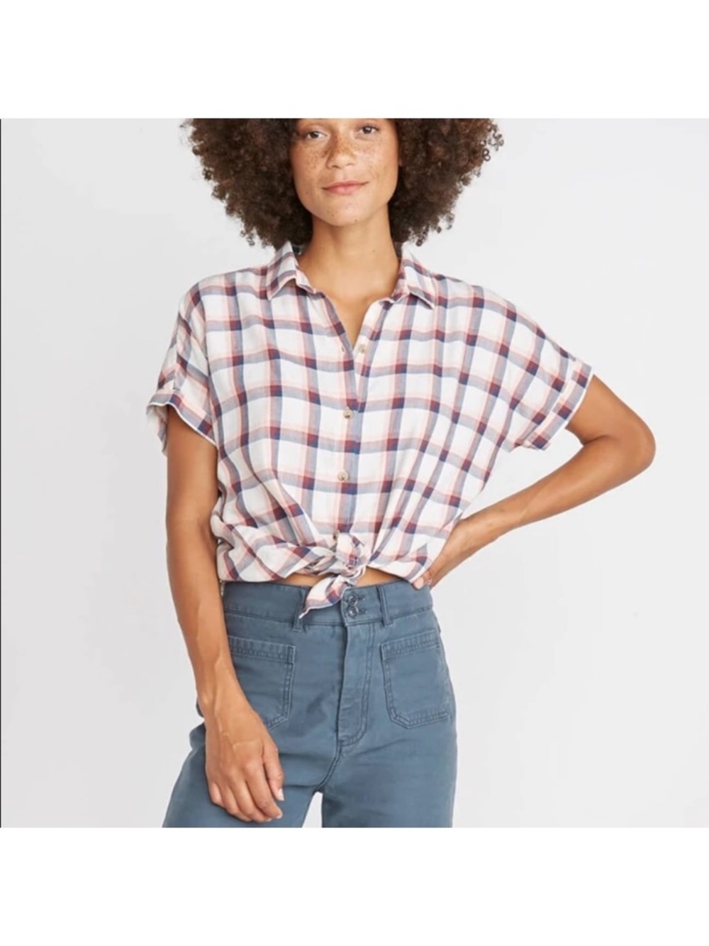 Marine Layer White Plaid Button-Front Short Sleeve Top with Red & Blue Checks